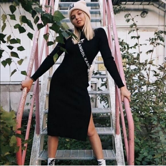 Kangol X H&M black ribbed knit midi calf length dress size XS - Picture 5 of 9
